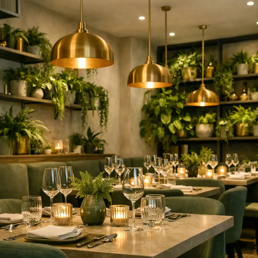 Salle de restaurant contemporaine avec des plantes vertes, éclairage tamisé et suspensions en laiton brossé