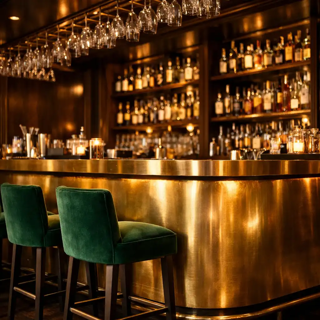 Le bar du restaurant avec un comptoir en laiton brossé, des tabourets hauts en velours vert et des étagères remplies de bouteilles.