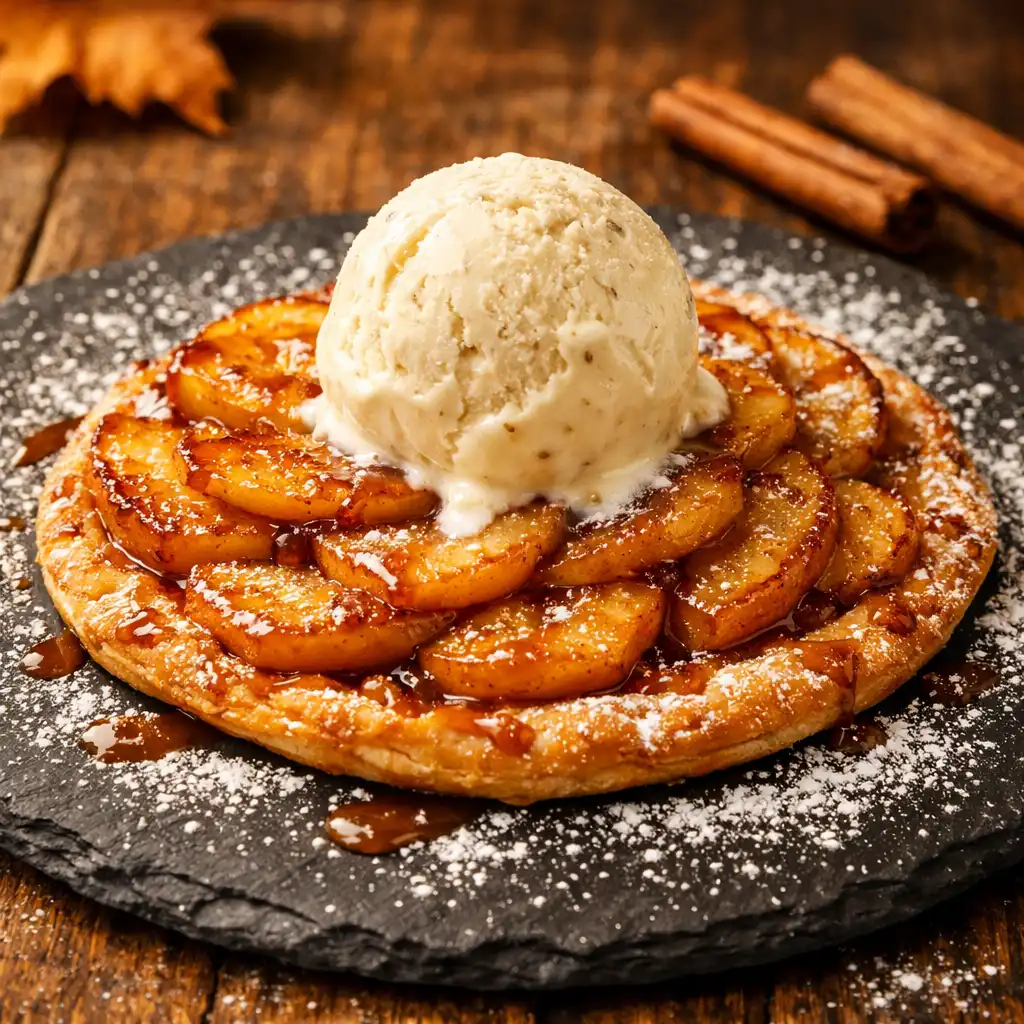 Tarte fine aux pommes caramélisées avec glace vanille