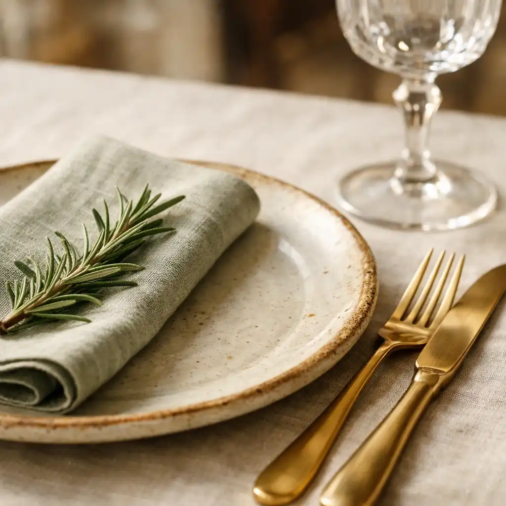 Détail d'une table dressée avec assiette en grès, couverts en laiton, verre à pied et petite branche de romarin.
