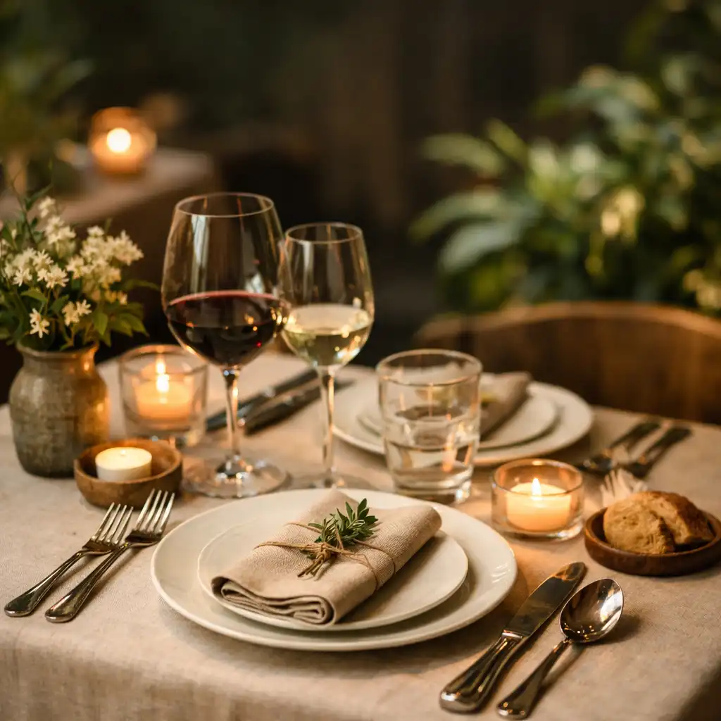 Table élégamment dressée au Jardin Ardoise avec couverts raffinés, verres à vin et touches de verdure