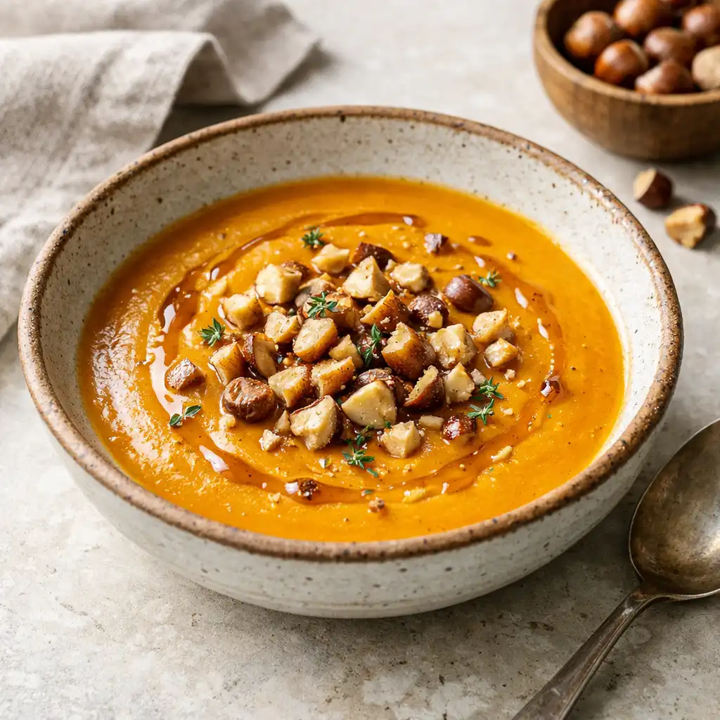 Velouté de potimarron dans une assiette en céramique artisanale