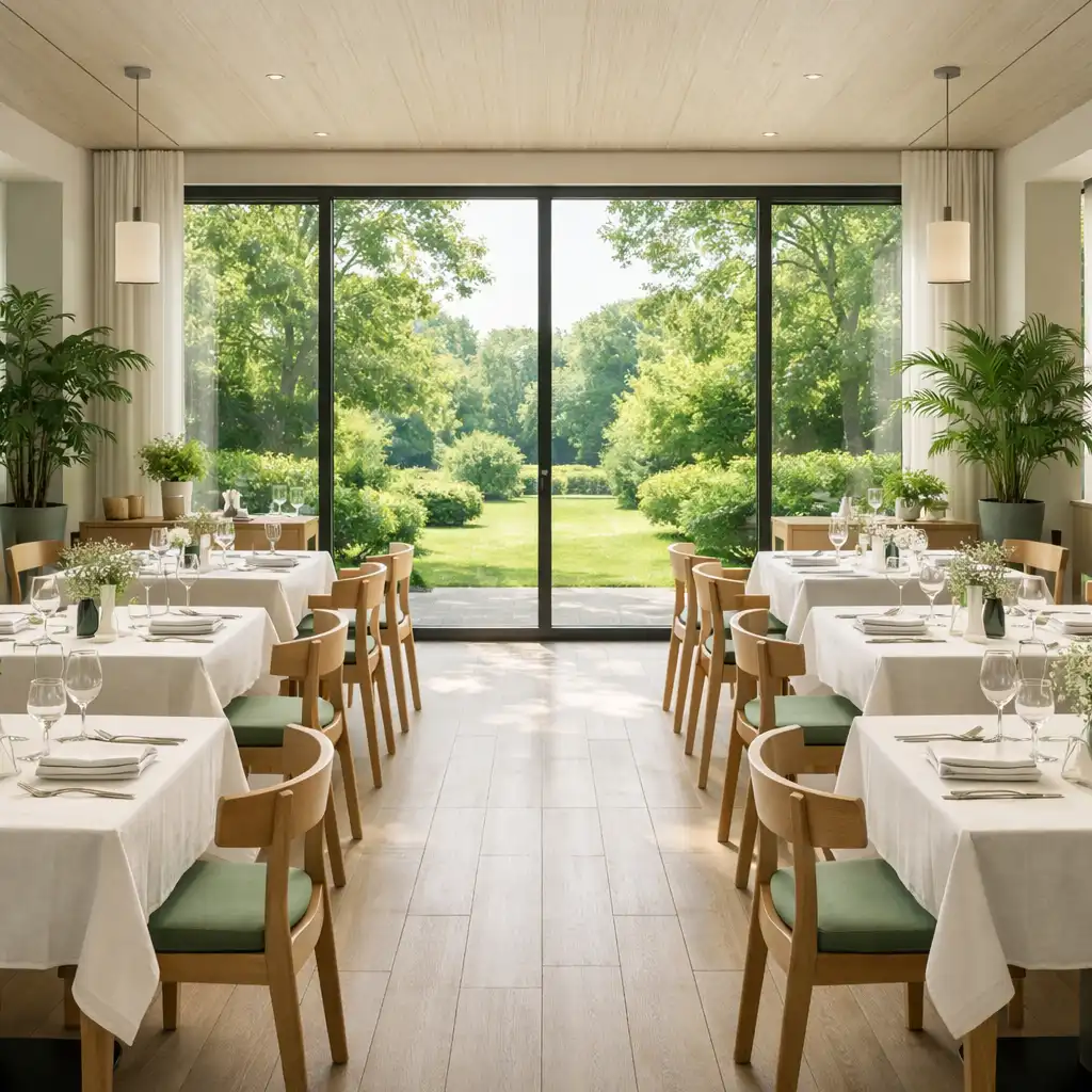 Salle principale du restaurant avec baies vitrées donnant sur le jardin