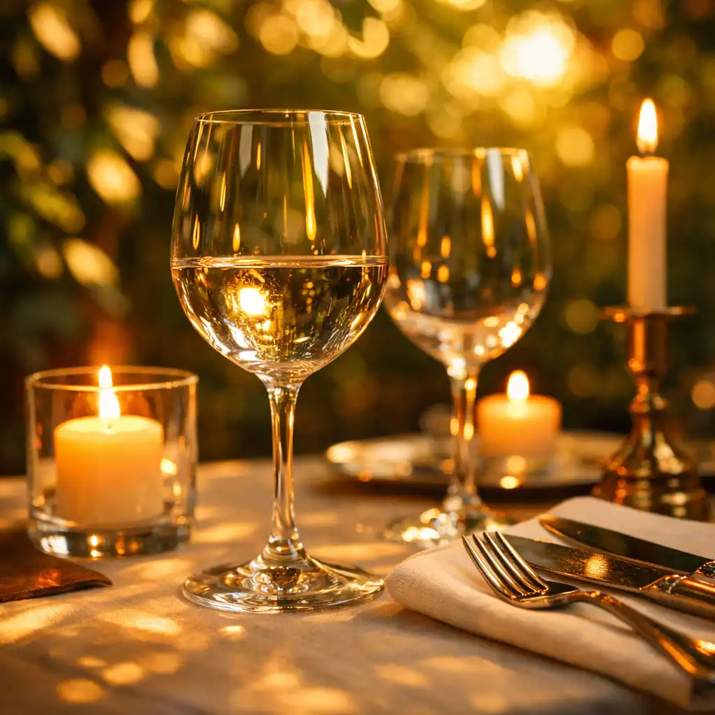 Détail d'une table dressée dans le jardin avec lumière dorée et bougies