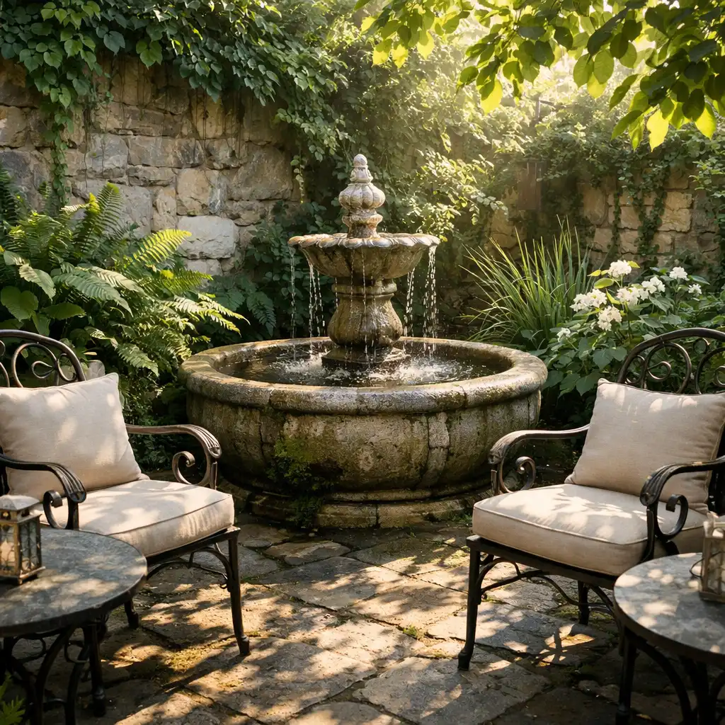 Coin du jardin avec fontaine en pierre et plantes luxuriantes