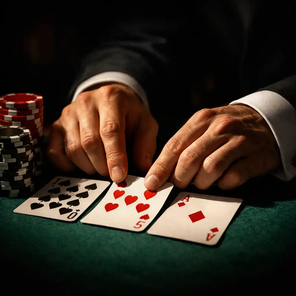 Mains arrangeant des cartes à jouer sur une table de poker