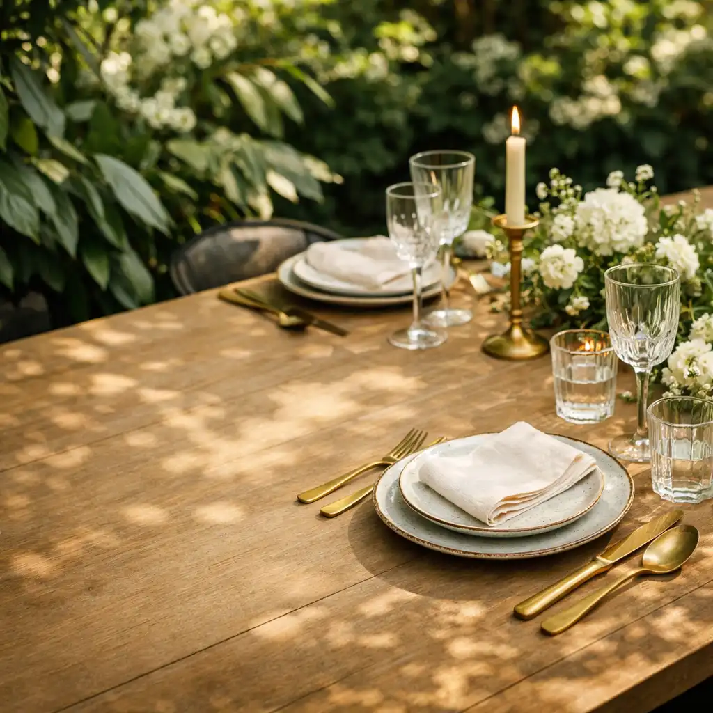 Table élégante dressée dans un jardin contemporain chez Jardin Ardoise