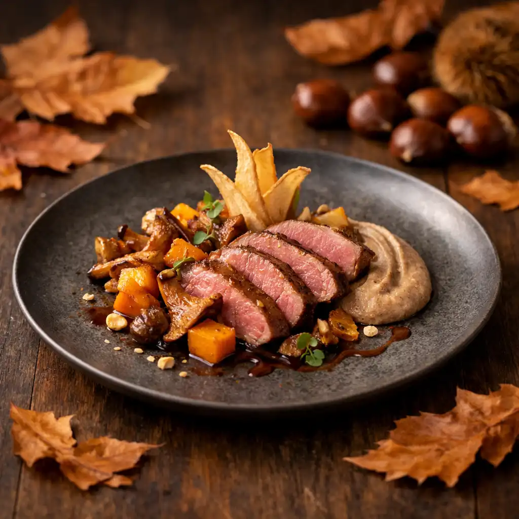 Plat automnal élégant sur une table en bois sombre avec feuilles mortes et châtaignes