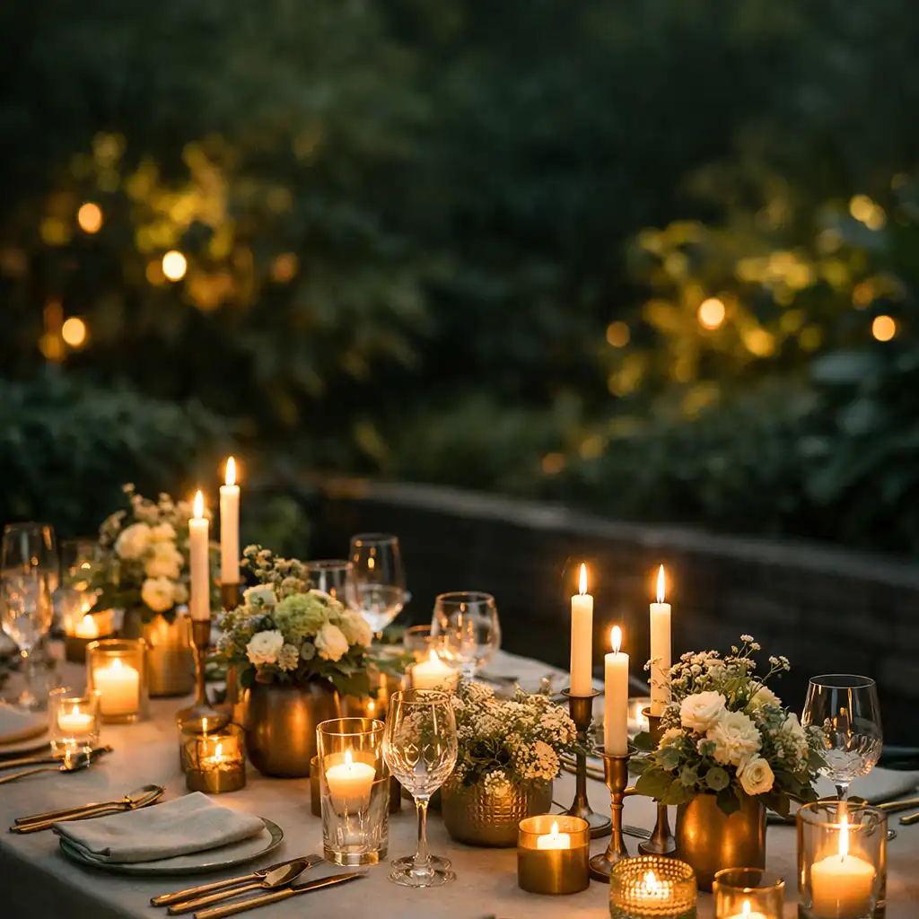 Table élégante dressée dans un jardin contemporain au crépuscule avec des bougies et une ambiance chaleureuse