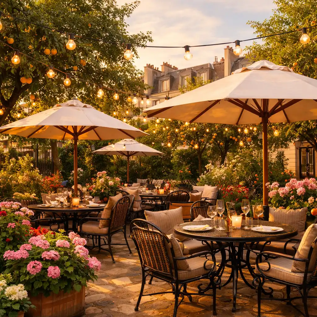 Terrasse extérieure du Jardin Ardoise avec tables et végétation luxuriante