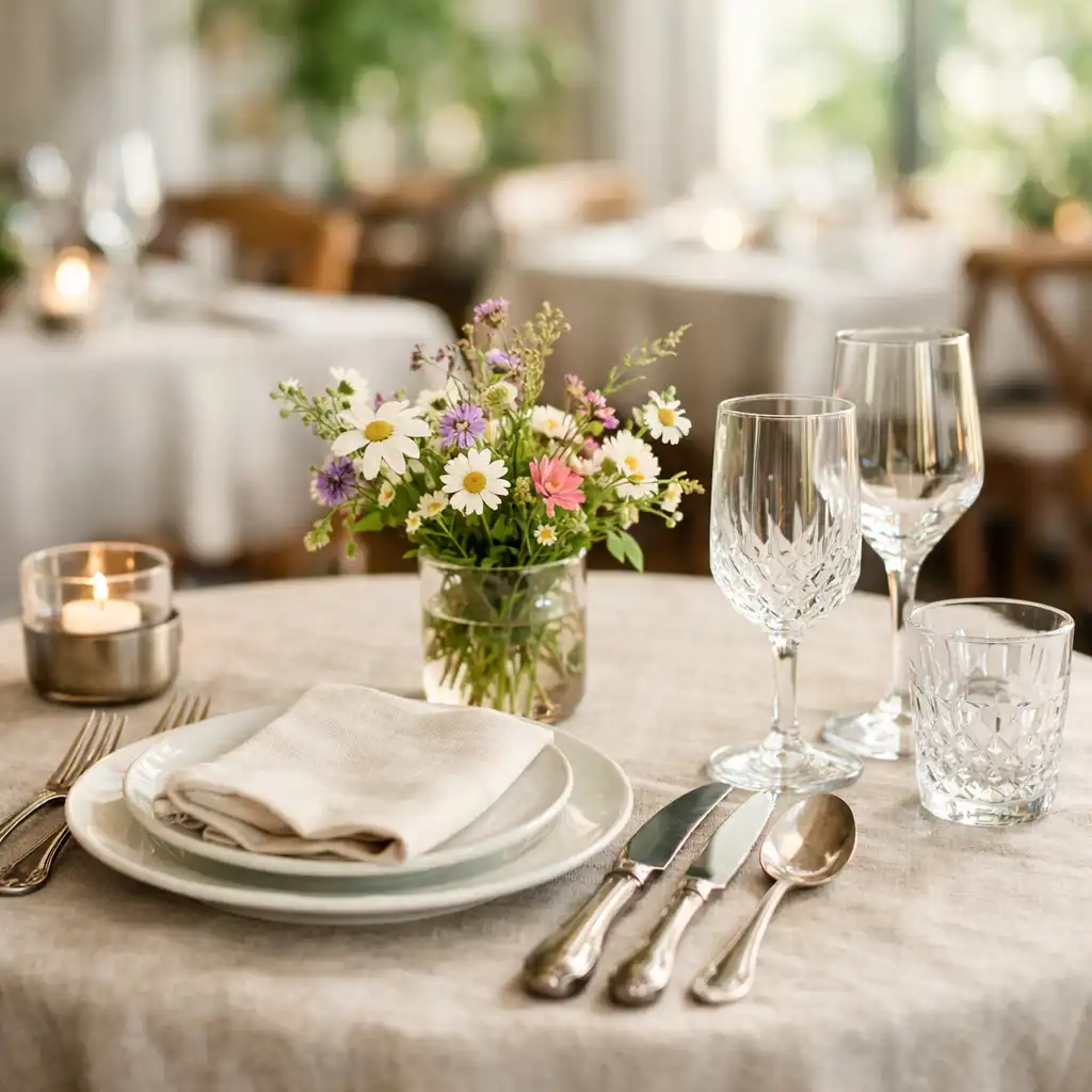 Table dressée dans la salle principale du Jardin Ardoise