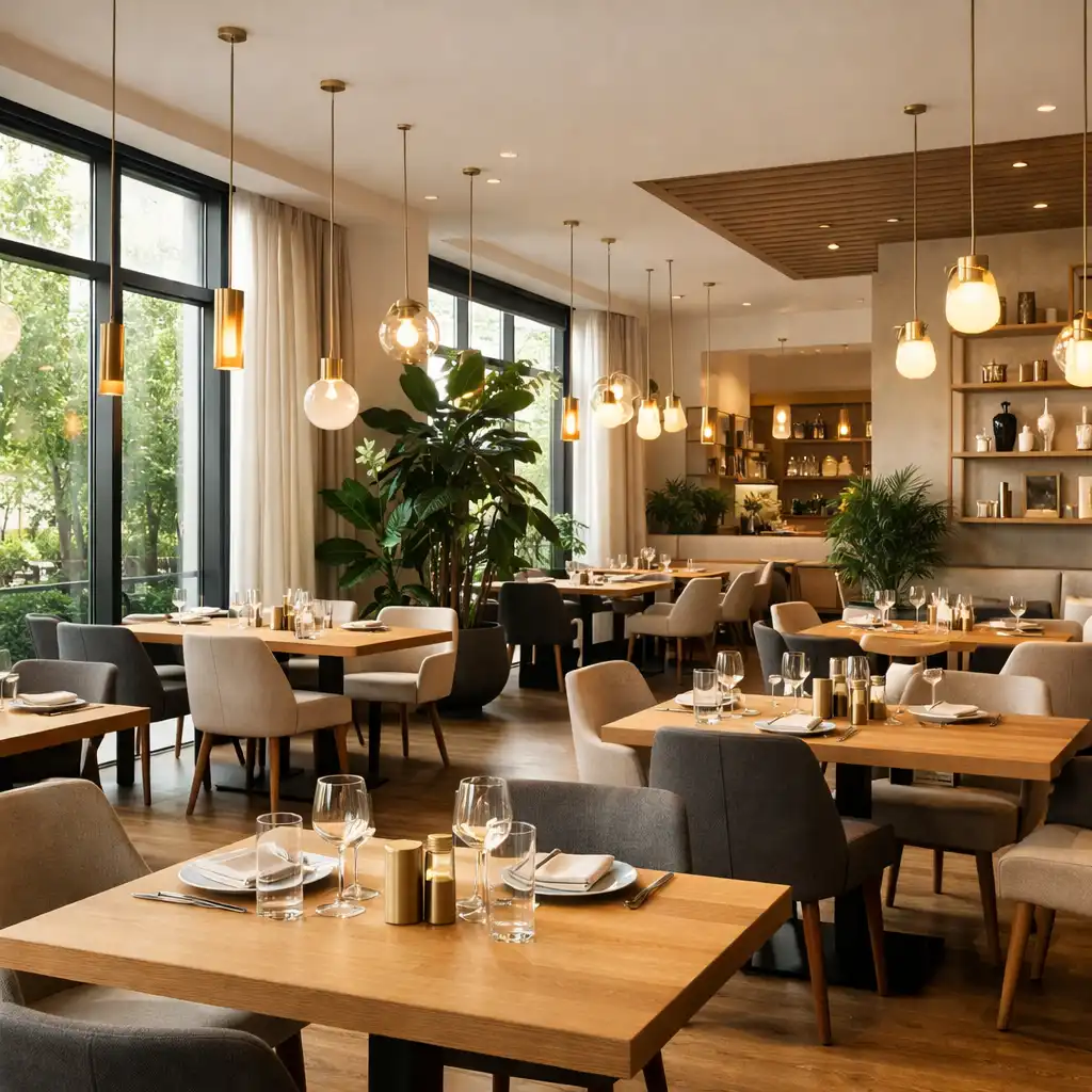 Vue d'ensemble de la salle principale du restaurant Jardin Ardoise