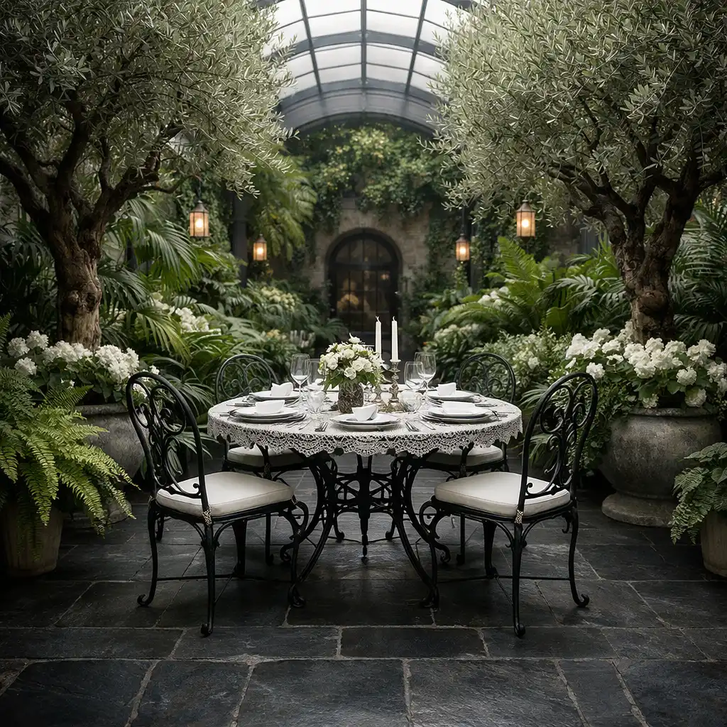 Vue panoramique du jardin intérieur avec des oliviers, des fougères et une table dressée au centre.