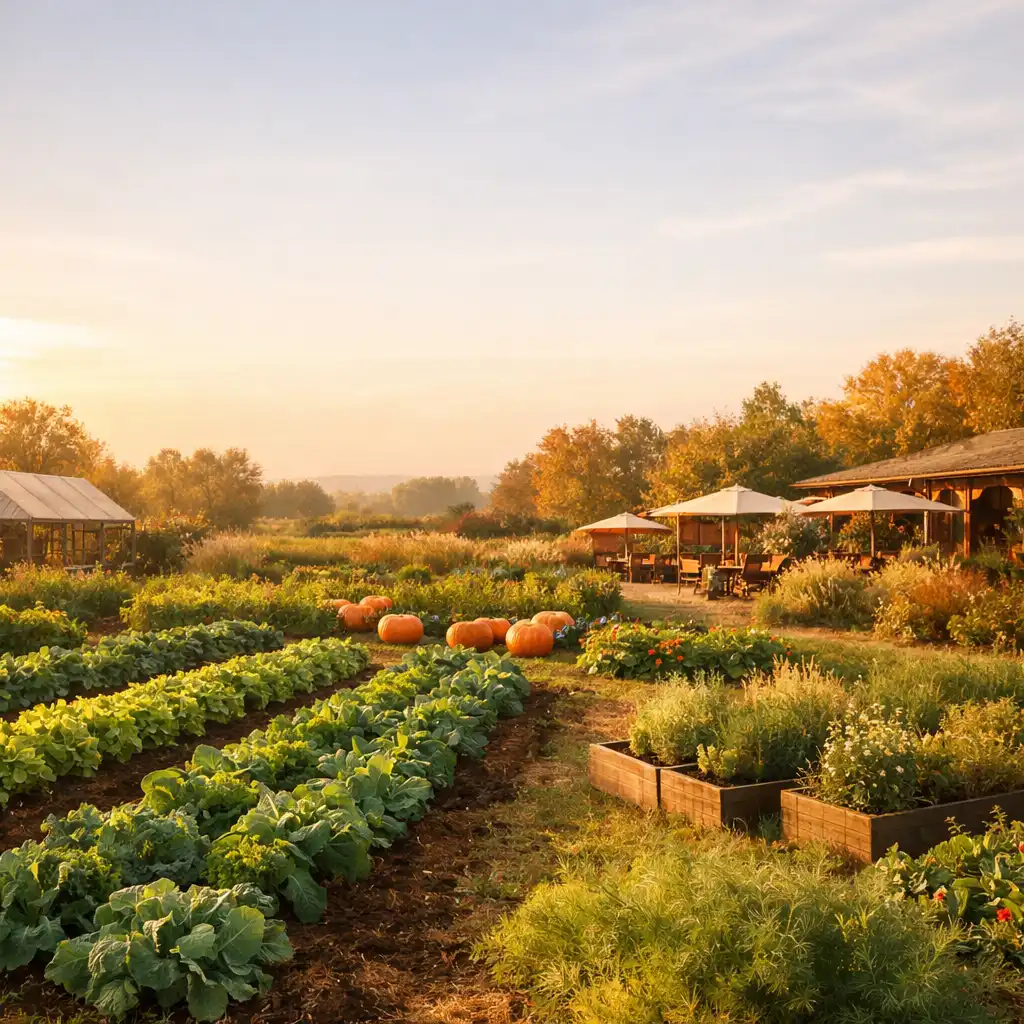 Vue du jardin du restaurant en automne avec rangées de légumes et potirons