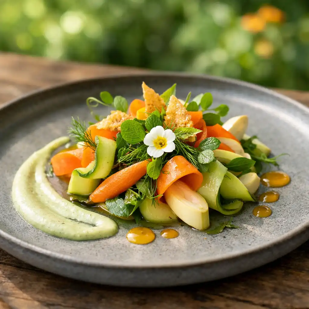 Plat gastronomique contemporain aux légumes de saison et fleurs comestibles
