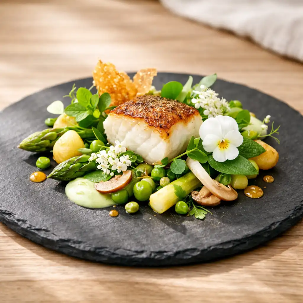 Plat gastronomique raffiné sur une assiette en ardoise