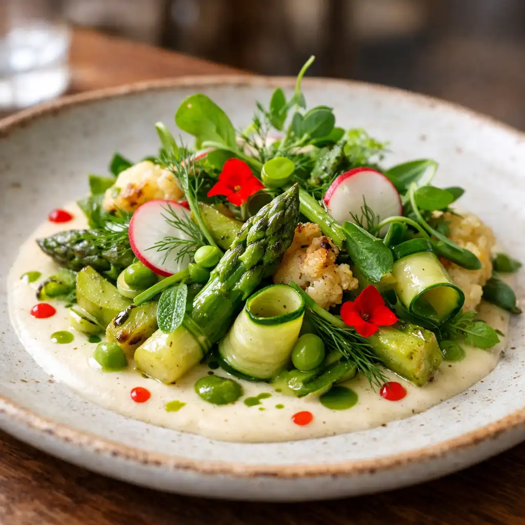 Gros plan sur un plat signature composé de légumes de saison, d'herbes fraîches et d'une sauce délicate.