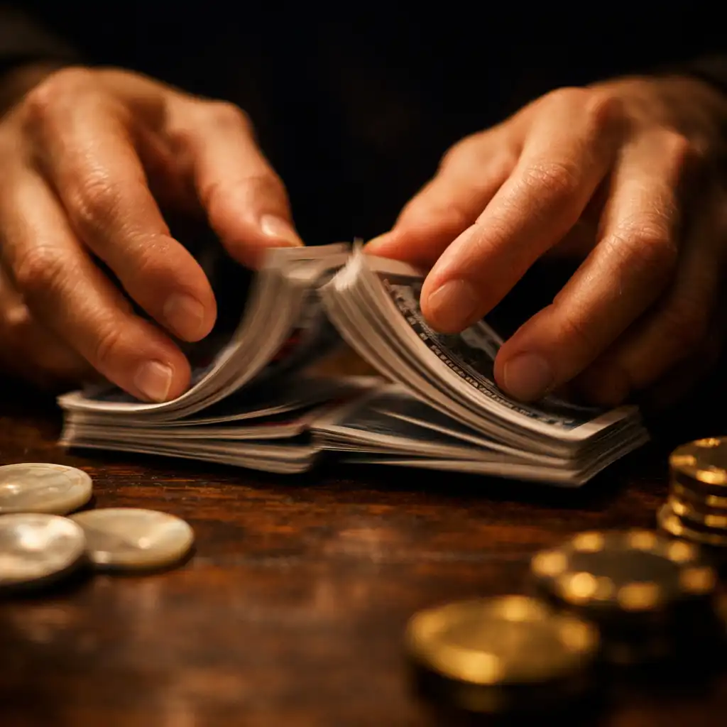 Mains mélangeant des cartes à jouer au-dessus d'une table en bois sombre
