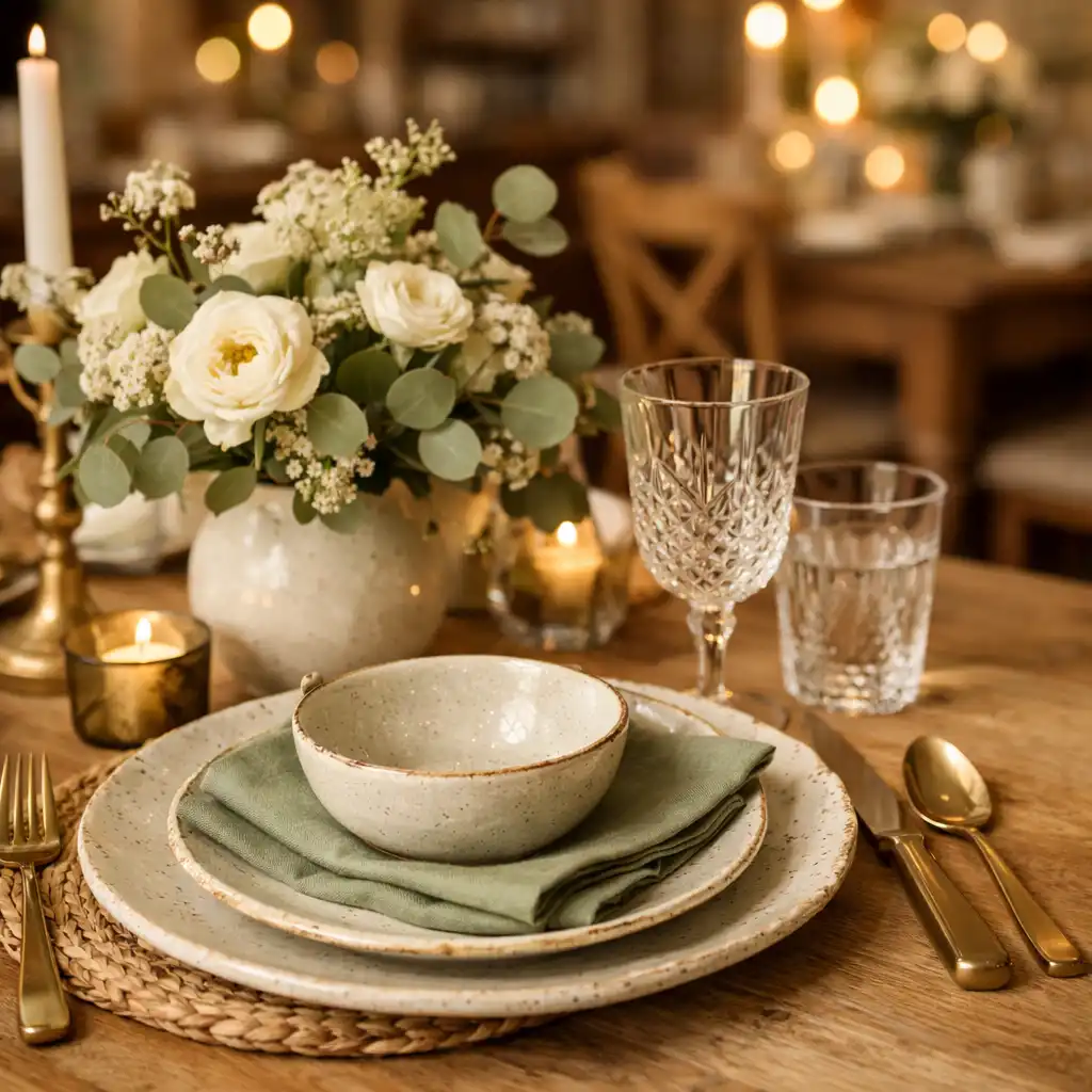Table dressée dans la salle à manger avec vaisselle artisanale, verres en cristal et composition florale.