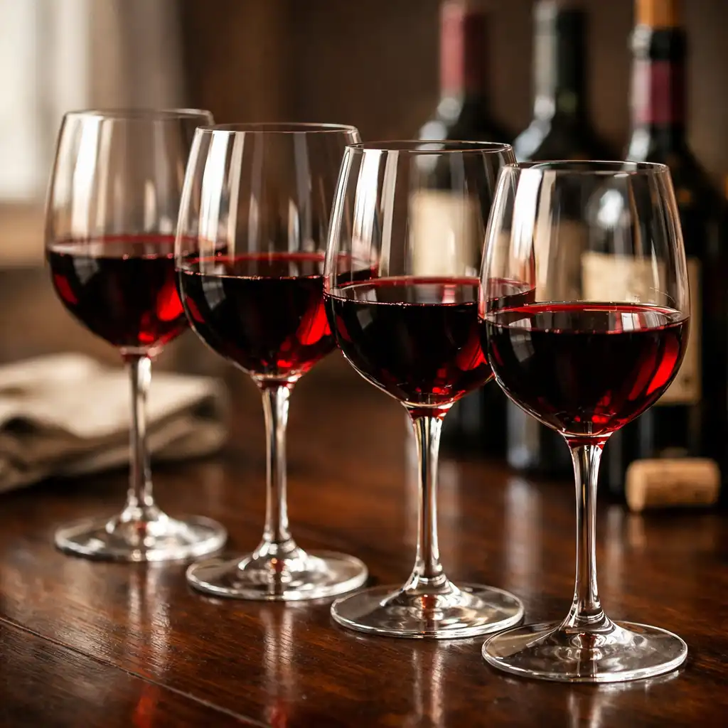 Dégustation de vins dans un cadre élégant avec des verres alignés sur une table en bois sombre