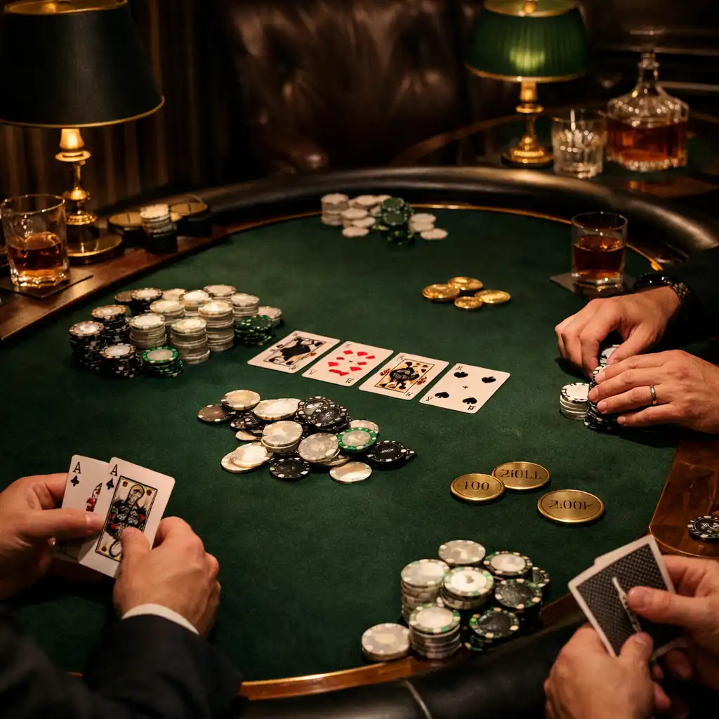 Table de poker élégante dans un salon privé avec des jetons en nacre, des cartes à jouer et un tapis vert foncé.